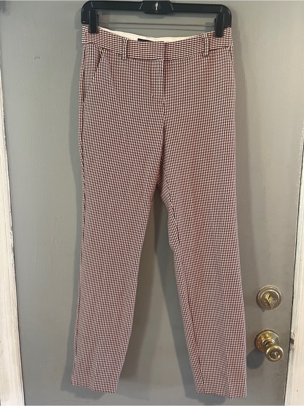Express Columnist Ankle Mid Rise Stretch Pants, Houndstooth Brown/Red Size 0R
